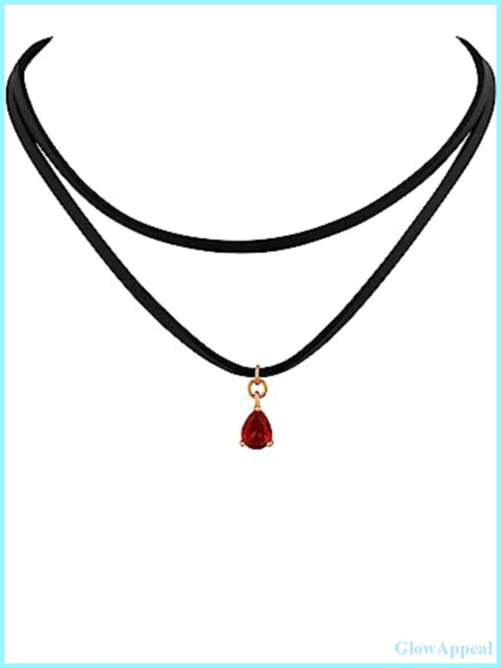 Layered Black Choker Necklace Glass Teardrop Faux Leather Stainless Steel